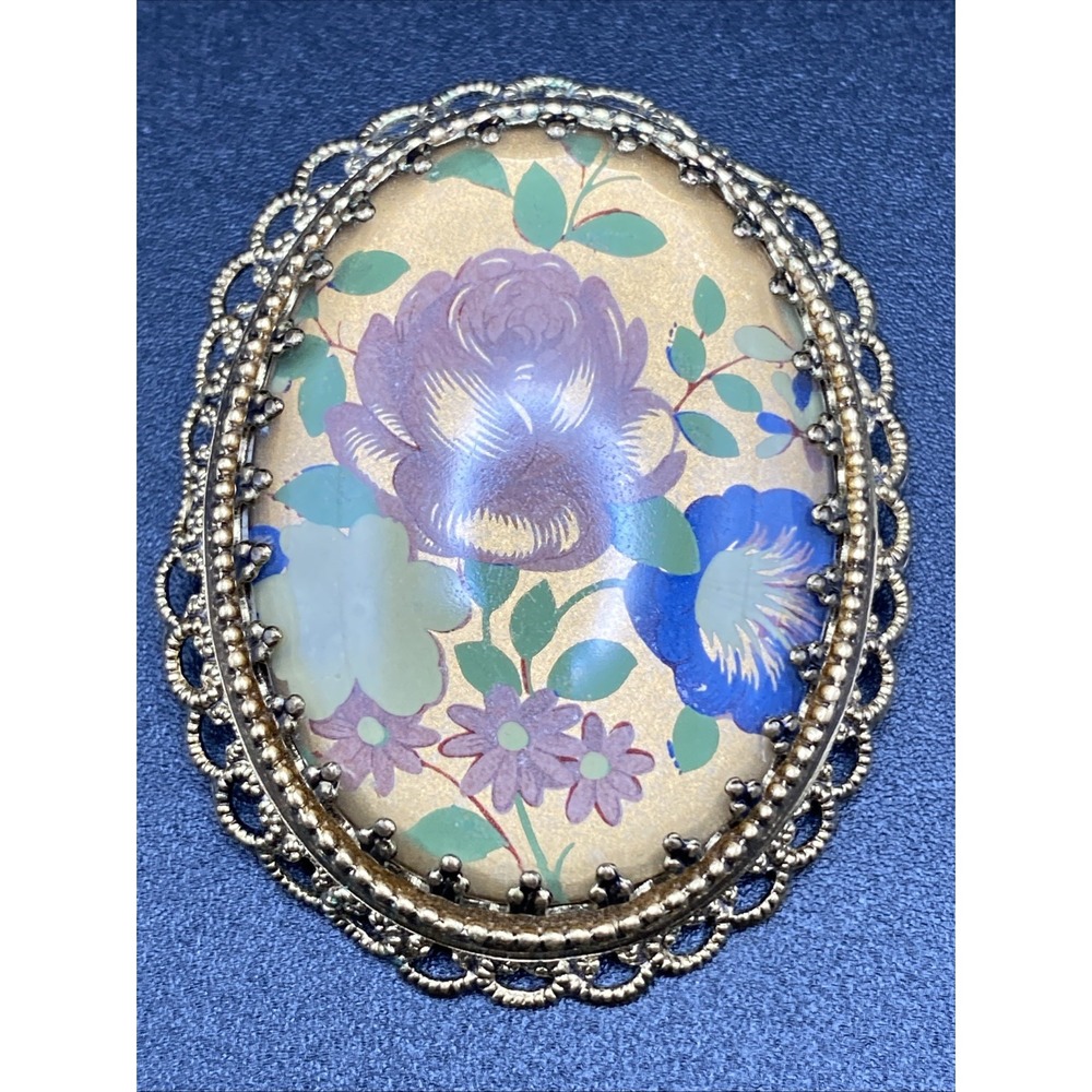 W. Germany Gold Tone Brooch Pendant Vintage Floral Multicolor 2"
